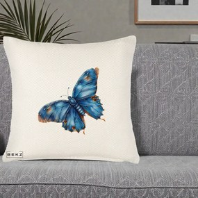Perna Decorativa Fluture Albastru Satin cu Pete Aurii, 40x40 cm, Crem Reliefat, Husa Detasabila, Perna Inclusa, BEKZ®