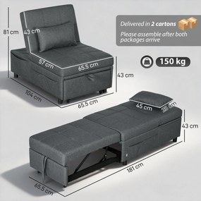 HOMCOM Fotoliu Pat de O Persoană Fotoliu Rabatabil 4-în-1, Gri | Aosom Romania