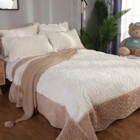 Cuvertura de pat de lux din catifea + 2 fete de perna, pat 2 persoane, alb / bej cacao cu lapte, CCL-10