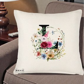 Cadou Personalizat - Perna Personalizata Monogram Litera L cu Flori Acuarela, 40x40 cm, Crem Reliefat, Husa Detasabila, Perna Inclusa, BEKZ®