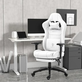 DOWINX 6657B - Scaun Gaming Ergonomic, Masaj in perna lombara, Șezut cu Arcuri Metalice și Spumă, Cotiere 4D, Suport pentru picioare, Rabatabil, Rezistent 136 kg, Material textil, Alb