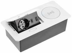 Priza incorporabila dreptunghiulara, 1 priza schuko, 2 USB A, cablu 1.5 m, alba, incarcare wireless, GTV