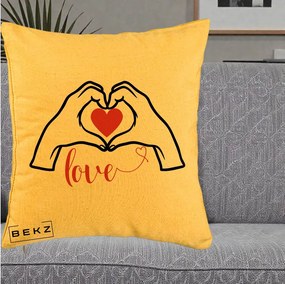 Perna Decorativa Love Maini Inima cu Inscriptie Love Rosu, 40x40 cm, Galben, Husa Detasabila, Perna Inclusa, BEKZ®