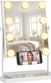 HOMCOM Hollywood Oglindă de machiaj cu lumină 9 becuri LED 3 culori comutator tactil suport pentru telefon Alb | Aosom Romania