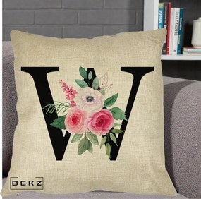 Cadou Personalizat - Perna Personalizata Monograma Florala Litera W cu Trandafiri si Anemona, 40x40 cm, Crem, Husa Detasabila, Perna Inclusa, BEKZ®
