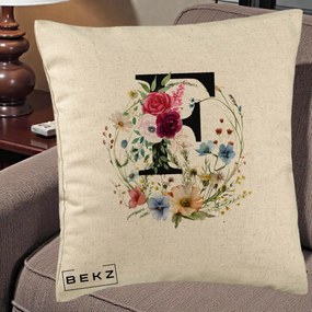 Cadou Personalizat - Perna Personalizata Monogram Litera F cu Flori Acuarela, 40x40 cm, Bej, Husa Detasabila, Perna Inclusa, BEKZ®