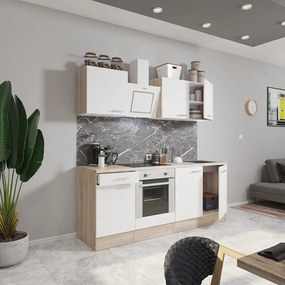 Mobilă de bucătărie Yorki 210, corp din stejar sonoma, față alb satinat cu element inferior al cuptorului