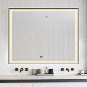 Oglindă LED Dreptunghiulară (100x80 cm), 3 Moduri Iluminare (Lumină Rece, Naturală, Caldă), Intensitate Reglabilă, Funcție Dezaburire, Ceas (Timer) și Termometru, Ramă Aluminiu, Control Tactil (Touch)