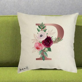 Cadou Personalizat - Perna Personalizata Monograma Rose Gold Litera P, 40x40 cm, Ecru, Husa Detasabila, Perna Inclusa, BEKZ®
