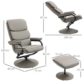 HOMCOM Fotoliu de relaxare cu puf, fotoliu TV cu spătar rabatabil, pivotant la 360° șezut căptușit confortabil, gri | Aosom Romania