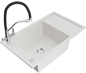 Mexen Elias chiuvetă de granit cu un compartiment, cu picurător și baterie de bucătărie Duo, Albă - 6511-20-671701-07