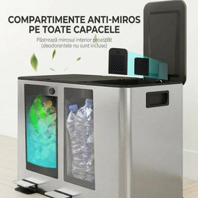 HOMCOM Coș de Gunoi cu 3 Compartimente de 20L cu Închidere Silențioasă, din Oțel Inoxidabil și PP, 61.9x36.6x56.7 cm | Aosom Romania