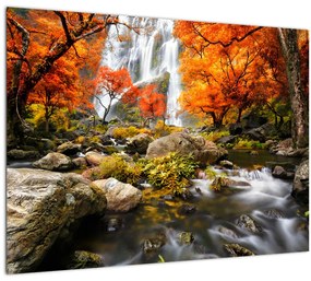 Tablou pe sticlă - Cascade în pădurea portocalie (70x50 cm)
