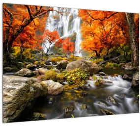 Tablou pe sticlă - Cascade în pădurea portocalie (70x50 cm)