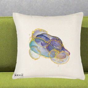 Perna Decorativa Abstract Acuarela Albastru-Mov cu Cercuri Aurii, 40x40 cm, Crem Reliefat, Husa Detasabila, Perna Inclusa, BEKZ®