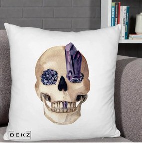 Perna Decorativa Craniu cu Cristale de Ametist, 40x40 cm, Alb Pufos, Husa Detasabila, Perna Inclusa, BEKZ®