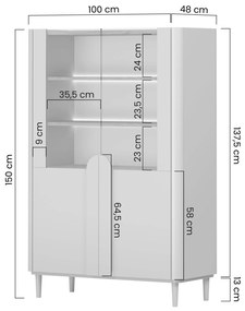 Vitrină Amilio 100 cm pentru living - cashmere / stejar uleiat / mânere stejar deschis