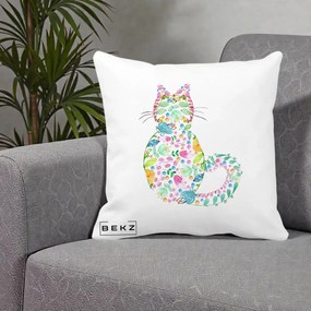 Perna Decorativa Pisica Florala Acuarela, 40x40 cm, Alba Mata, Husa Detasabila, Perna Inclusa, BEKZ®