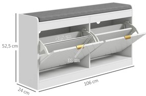 HOMCOM Banc pentru pantofi, banc de depozitare, șezut căptușit, sertar rabatabil, ușă cu model 106 x 24 x 52,5 cm, alb | Aosom Romania