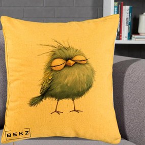Perna Decorativa Pasare Teal Adormita cu Ochi Galbeni, 40x40 cm, Galben, Husa Detasabila, Perna Inclusa, BEKZ®