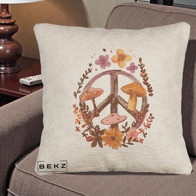 Perna Decorativa Peace Sign Ciuperci Floral, 40x40 cm, Bej Canapea, Husa Detasabila, Perna Inclusa, BEKZ®