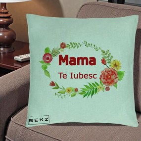Cadou pentru Mama - Perna Personalizata Mama Te Iubesc Flori Rosii, 40x40 cm, Verde Menta, Husa Detasabila, Perna Inclusa, BEKZ®
