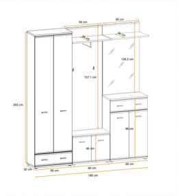 Cuier cu dulap si pantofar ,oglinda si perna inclusa, stejar sonoma, usi pvc infoliate, 180 cm lungime x 203 cm inaltime x 32 cm adancime, Bortis