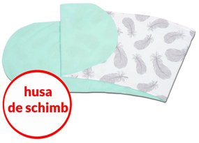 Husa bumbac detasabila pentru Perna gravide 3 in 1 Kidizi Lena, Mint Grey Feathers