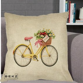 Perna Decorativa Bicicleta Galbena cu Cos de Flori Primavara, 40x40 cm, Crem, Husa Detasabila, Perna Inclusa, BEKZ®