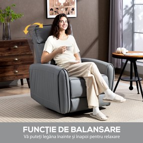 HOMCOM Fotoliu Reclinabil Manual cu Suport pentru Picioare din Material Textil Efect Piele și Bază Rotativă, Gri | Aosom Romania