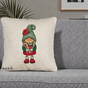 Perna Decorativa Gnom Craciun Verde cu Bomboane si Floare, 40x40 cm, Bej Canapea, Husa Detasabila, Perna Inclusa, BEKZ®