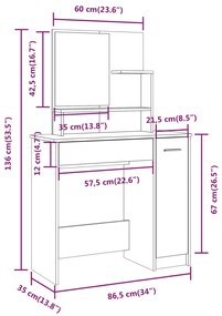 Masa de toaleta cu oglinda, gri beton, 86,5x35x136 cm Gri beton