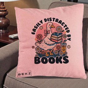 Perna Personalizata Easily Distracted by Books, 40x40 cm, Roz, Husa Detasabila, Perna Inclusa, BEKZ®