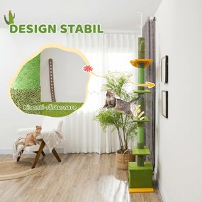 PawHut Ansamblu de Zgâriat pentru Pisici cu Fixare în Tavan, 230-275 cm, Hamac, Căsuță, Stâlpi din Sisal, Verde | Aosom Romania
