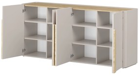Comodă cu patru uși Amilio 200 cm - cashmere / stejar uleiat / mânere stejar deschis