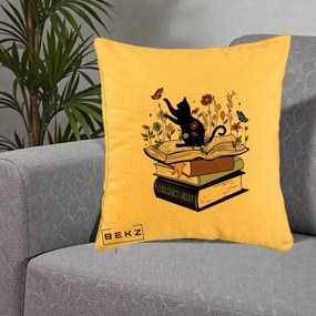 Perna Personalizata Pisica Neagra Carti Flori Fluturi, 40x40 cm, Galben, Husa Detasabila, Perna Inclusa, BEKZ®