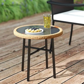 Outsunny Masă de Cafea Rotundă de Grădină, Masă Auxiliară Exterioară din Rășină Împletită și Blat din Sticlă Securizată, 46x46x43cm, Natural | Aosom Romania