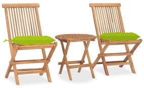 Set mobilier de exterior pliabil, cu perna, 3 piese, lemn masiv tec verde aprins, 3