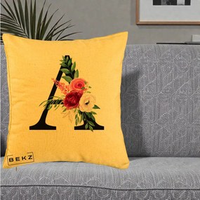 Cadou Personalizat - Perna Personalizata Monograma Florala Litera A, 40x40 cm, Galben, Husa Detasabila, Perna Inclusa, BEKZ®