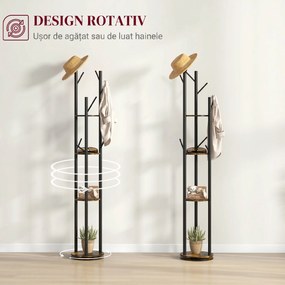HOMCOM Suport Haine, Rotativ, cu 4 Rafturi și 8 Cârlige, stander haine pentru Hol, Dormitor, Living, 30x30x175 cm, Maro Rustic | Aosom Romania