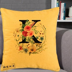Cadou Personalizat - Perna Personalizata Monogram Litera K cu Flori Acuarela, 40x40 cm, Galben, Husa Detasabila, Perna Inclusa, BEKZ®