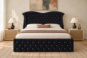 Pat tapițat Chesterfield Avella 180×200 cm, negru, cu ladă de depozitare