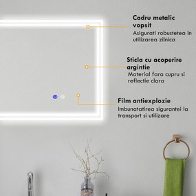 Kleankin Oglindă LED pentru Baie cu Rama din Aluminiu, 3 Temperaturi de Culoare, Memorie, 90x70cm | Aosom Romania