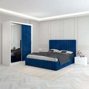 Set Mobila De Dormitor Luca Albastru, pat tapitat 160x200cm, dulap cu oglinda 150x210cm, noptiere