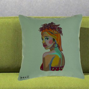 Perna Decorativa Portret Femeie Colorat Pop Art, 40x40 cm, Verde, Husa Detasabila, Perna Inclusa, BEKZ®