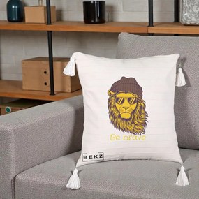 Perna Decorativa Leu Hipster Be Brave, 40x40 cm, Bej cu Franjuri, Husa Detasabila, Perna Inclusa, BEKZ®