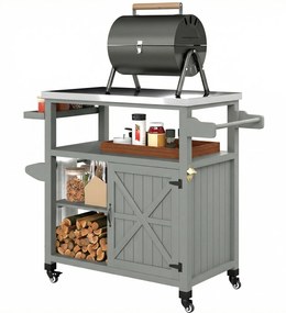 Outsunny Servantă de grădină căruț pentru grătar pe roți cu blat din oțel inoxidabil 107x49,5x92,5cm gri | Aosom Romania