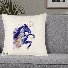 Perna Decorativa Cal Albastru Acuarela, 40x40 cm, Crem Reliefat, Husa Detasabila, Perna Inclusa, BEKZ®