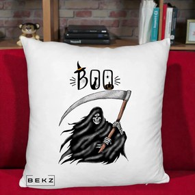 Perna Decorativa Halloween Boo Grim Reaper cu Coasa, 40x40 cm, Alb Pufos, Husa Detasabila, Perna Inclusa, BEKZ®