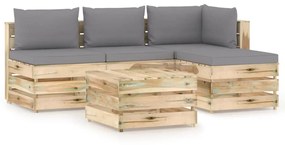 Set mobilier de gradina cu perne, 5 piese, lemn verde tratat Gri si maro, 5